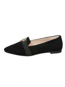 Zapatos planos de mujer con punta puntiaguda y cómodos, tipo mocasín sin cordones. Diseño de unicolor con adorno de cabeza de leopardo, adecuados para el trabajo, el transporte, el hogar y la escuela - Negro - Ver 6