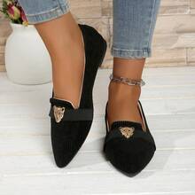 Zapatos planos de mujer con punta puntiaguda y cómodos, tipo mocasín sin cordones. Diseño de unicolor con adorno de cabeza de leopardo, adecuados para el trabajo, el transporte, el hogar y la escuela - Negro - Ver 10