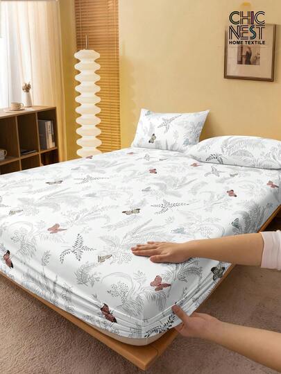 1 pieza Sábana ajustada con estampado de mariposas y flores, funda protectora de colchón de estilo rústico elegante, fresca y elegante, adecuada para ropa de cama de San Valentín, suave y transpirable, se ajusta a todos los tamaños de cama - doble, full, queen, king, se ajusta a colchones de hasta 30 cm de profundidad, resistente a las arrugas, ayuda a dormir, lavable a máquina, apto para uso en dormitorios