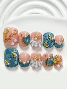 Bộ 10 miếng dán móng tay thủ công, phong cách cổ tích biển sâu, miếng dán móng tay acrylic, trang trí móng tay hình sao biển, cá ngựa và vỏ sò 3D, nghệ thuật vẽ móng viền vàng đại dương, sơn móng tay hiệu ứng mắt mèo màu xanh dương, phong cách biển cả tươi mát, bao gồm dụng cụ làm móng (1 miếng dán gel + 1 dũa móng), 3 kích cỡ: vuông, vuông ngắn, hạnh nhân, phù hợp cho tiệc tùng, sử dụng hàng ngày, chụp ảnh, đi làm mùa xuân/hè. - Nhiều màu - Xem 10