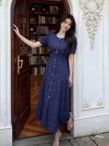 Đầm Y6Y - Mẫu đầm mùa hè mới màu xanh hải quân, kiểu dáng buộc dây, cài cúc đơn cho nữ. - Màu xanh hải quân - Xem 5