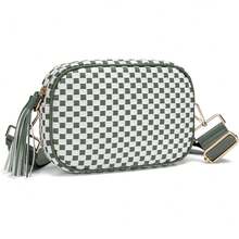 Wide Strap Small Woven Checkered Crossbody Bag For Womenl Cute PU Leather Purses Shoulder Handbags - Màu xanh lá cây nhạt kẻ sọc trắng - Xem 10