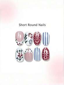 24 Pieces Oval-Shaped Pressing Nails, Summer French Stripes, Red And Green Floral Pattern Design. Perfect For Spring And Summer Seasons. Artistic Nail Accessories, Nail Decoration. Fully Covered Detachable Fake Nails. Suitable For Women's Dates, Parties, Work, Outings, Daily Use, Etc. ! - Nhiều màu - Xem 4