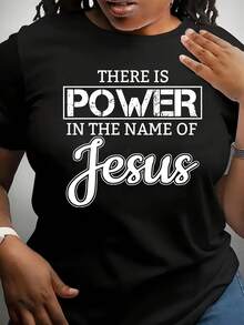 Plus Size Casual Round Neck Letter Print Pullover T-Shirt - Skin-Friendly - 黑色 - 查看 12