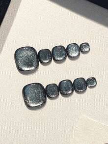 10片装（脚趾甲）高品质闪亮绿色猫眼手工制作，适合日常佩戴和夏季派对，配有果冻胶和摩擦条。 - 墨綠色 - 查看 4