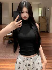 美国性感女士灰色无袖高领紧身背心，弹力修身吊带衫，适合夏季休闲黑色春季穿着 - 黑色 - 查看 5