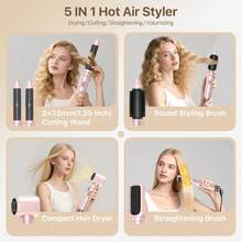 Extra Powerful 5-In-1 Hair Dryer Multi-Function Salon-Grade Styling Tool Set | 5 Detachable Interchangeable Heads + 3 Precise Temperature Settings | Auto-Curl And Multiple Styling Options (Curl/Wave/Straight/Smooth/Volumize/Inward Curl/Outward Curl) | No Frizz Static Long-Lasting Style, Suitable For All Hair Types (Fine/Coarse/Curly/Straight) Perfect For Gifts And Home/Travel Use, Multi-Scenario, Suitable For Fine/Coarse/Soft Hair Types - Pink - View 3