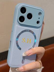 [Customized] Personalized Customized Letters Golden Custom Name Magnetic Attraction Pure Colo Leather Pattern Faux Leather Phone Case Compatible With IPhone 17 Pro Max 17 16 15 14 13 12 11 Pro Max 14 15 16 Plus Shockproof Protective Cover - Blue - View 7