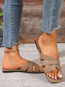 New Spring/Summer Fashion Casual One-Strap Slide Sandals, Comfortable Flat Heel Round Toe Beach Slippers, Versatile Minimalist Slip-On Sandals For Women - Apricot - View 4