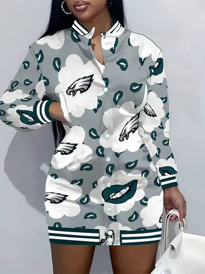 Ph-Iladelphia Eagles Floral Pattern Womens Varsity Jacket Dress Button Down Jacket Dress Sporty Fashion Style Autumn Winter Gift For Football Fans_1