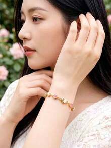 1 pièce Nouveau bracelet en alliage à double couche avec rose et tulipe en émail dans le style Ins pour femmes, bijou fait main avec chaîne en forme de cœur multicolore DIY - tulipe - View 6