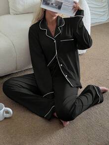 2 piezas Conjunto de pijama de mujer con cuello entallado y manga larga, ropa de dormir y de estar en casa cómoda y casual - Negro - Ver 6