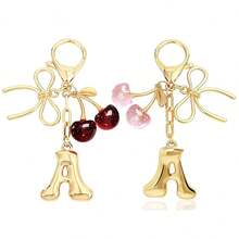 Bow & Cherry Decor Bubble Letter Keychain - Gold Letter Charm Bag Accessory, Cute Handbag Decoration - Red - View 1
