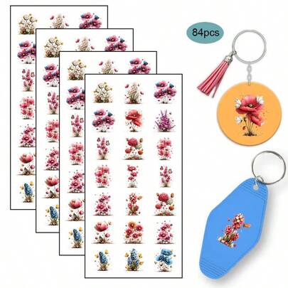 84张/套 花卉蝴蝶春季主题UV DTF转印贴纸，适用于装饰亚克力钥匙扣、汽车旅馆和酒店钥匙扣，高粘性UV DTF包装贴纸、笔记本电脑贴纸、节日装饰、假日图案设计（不含钥匙扣）