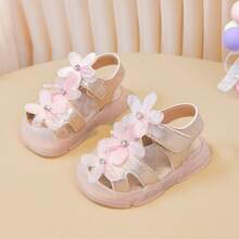 2026 Summer New Toddler Girls Flower Flat Sandals, Anti-Kick Closed Toe Sandals - Gold - View 13