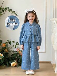 Girls' Spring/Autumn Faux Denim Bow Tie Floral Print Stand Collar Lantern Sleeve Top And Wide Leg Pants 2-Piece Casual Outfit - Blue - View 7