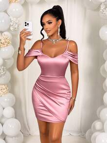 AIJ Amarilo Sexy Elegant Ruffle Off Shoulder Fitted Mini Dress With Lily Flower Trim, For Valentine's Day - Pink - View 6