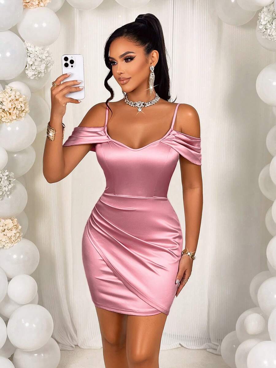 AIJ Amarilo Pink Satin Mini Dress, Suitable For Wedding Guests, Parties, Graduation, Sexy Elegant Ruched Off-Shoulder Fitted Mini Dress Party Summer - Pink - View 1
