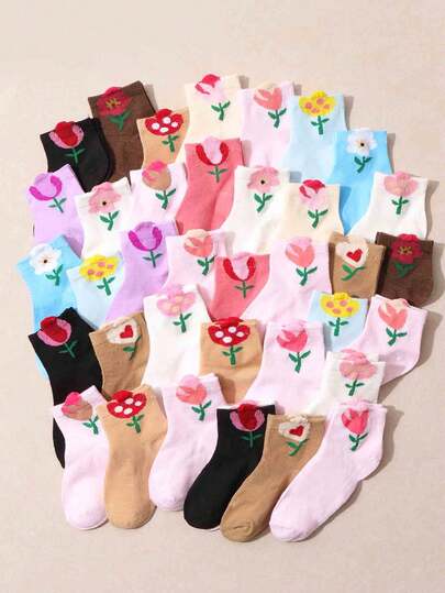 12 Pairs Random Girls Floral Pattern Ankle Socks, Cute Flower Design, Sweet Style Ditsy Floral Short Socks, Soft & Breathable Casual Daily Wear