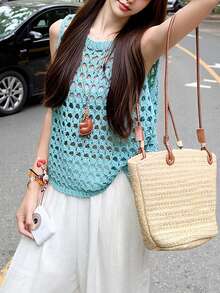 Alicedudu 女士休闲镂空无袖针织上衣，适合夏季海滩度假穿着 - 薄荷綠 - 查看 4