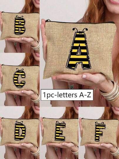 1pc Cute Bee Pattern Letter Print Cosmetic Bag, Fashionable A-Z Letter Zipper Makeup Bag With Wrist Strap, Large Capacity Cosmetic Pouch, Portable Casual Storage Handbag, Multifunctional Shopping Tote, Convenient Travel Beach Makeup Bag, Toiletry Bag, Zipper Pouch, Suitable For Outdoor Picnic, Party, Wedding, Daily Use, Birthday, Back To School, Holidays, Perfect Gift For Women, Mothers, Teachers, Friends, Bridesmaids, Students, Valentine's Day, Mother's Day