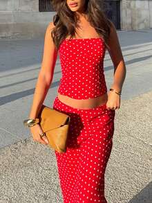New Fashionable And Elegant Polka Dot Camisole Top And Long Skirt 2 Pieces Set, Suitable For Beach, Formal Evening, Vacation, And Dates Summer Red - Red - View 2