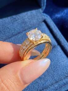 一套925纯银优雅三件套戒指，镶嵌白色锆石，基础款单枚戒指，精致珠宝，适合作为生日、舞会、派对礼物送给女性。 - 金色 - 查看 5