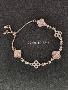 1 件优雅玫瑰金粉色珐琅四叶草花朵可调节手链，镶嵌透明立方氧化锆，女士派对礼物 - 金色 - 查看 3