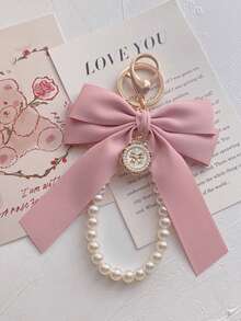 1 pieza Precioso llavero con lazo y perla falsa mate, pulsera con cuentas de perla falsa linda, encanto vintage, para cartera de mujer y niña, calcetines, mochila, decoración de coche, cinta, colgante de perla, Día de San Valentín, llavero con lazo, útiles escolares, regalo para maestros, accesorios para maestros en el regreso a clases, Día de San Valentín - Multicolor - Ver 1