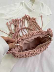 Tassel Woven Bag, Hollow Out Crossbody Bag, Personalized Shoulder Bag With Vacation Vibe - Pink - View 4