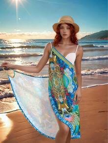 Bohemian Style Printed Knit Swimsuit Cover-Up, Suitable For Beach Vacation, Sleeveless Spaghetti Strap, Breathable, V-Neck, One-Piece, Versatile Wearing, Lightweight Fabric - Multicolor - View 5