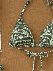 Bộ bikini họa tiết lá nhiệt đới - Bộ hai mảnh cạp cao màu xanh lá cây và nâu thanh lịch với váy ngắn | Hoàn hảo cho kỳ nghỉ hè ở bãi biển, tiệc bể bơi và những chuyến đi chơi lễ hội. - màu xanh lá - Xem 7