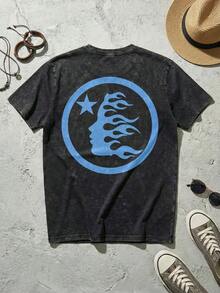 Blue Shooting Star Logo Graphic Tee Unisex Couple Matching Boyfriend Style Hell Star Double Sided Print Electric Color Y2K Aesthetic Acid Washed Cotton Graphic Tees Men Oversized T Shirt Summer Outfits Camisetas Para Hombre,Mens Clothes,Graphic Tee,Summer Clothes,Summer Tops,Easter Outfits,Spring Clothes ,Shirts - Black 3 - View 5