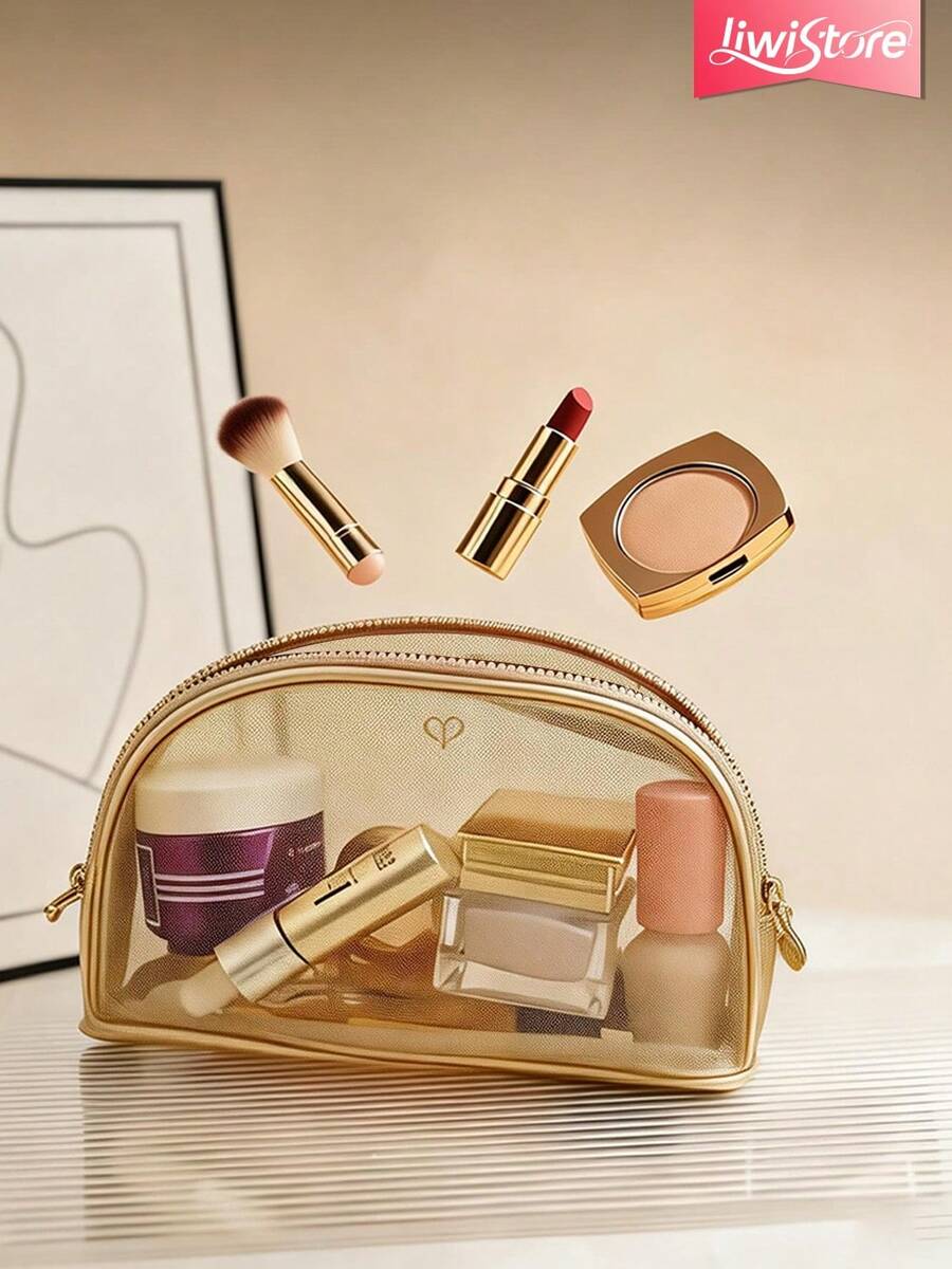 CPB Luminous Toiletry Bag, Mesh Makeup Bag, Transparent Grid, Exquisite & Portable, Large Capacity - Gold - View 1