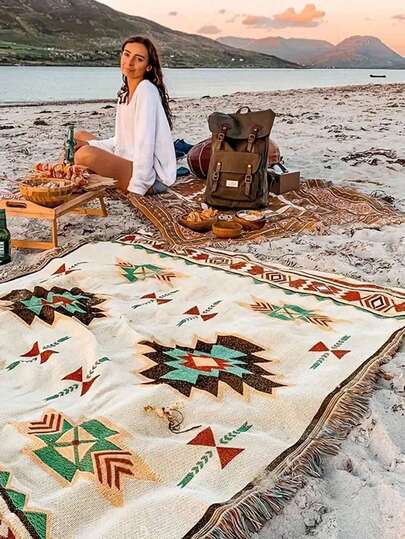 1 tấm chăn dã ngoại ngoài trời, chăn phủ ghế sofa kiểu Bohemian, thảm dệt tua rua kiểu nông thôn Mexico, thảm cắm trại ấm áp chống thấm nước, thảm trải sàn gia đình chống rách, khăn phủ ghế sofa, khăn trải bàn, đồ trang trí nhà cửa