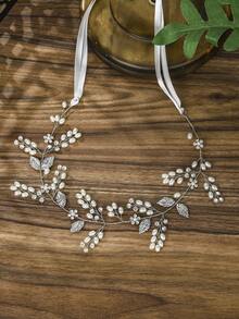 1pc Elegant Handmade Pearl & Rhinestone Bridal Headband, Silver Leaf Vine Wedding Hair Accessory, Bridesmaid Party Headpiece - Multicolor - View 13