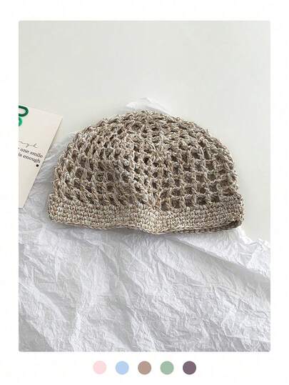 1pc Summer Hollow Out Knitted Cap, Vintage Versatile Handmade Woven Beanie Hat, Thin Lightweight Skull Cap, Spring/Summer Baggy Hat, Fashionable Macaroon Color Headwrap
