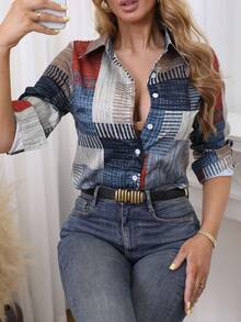 Colorblock Button Print Long Sleeve Casual Retro Shirt, Patterned Plaid Front Button Vacation Spring - Multicolor - View 11