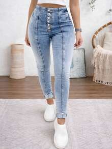 Woman High Waist Light Wash Skinny Jeans – Stretch Fit Butt-Lifting Button-Up Denim Pants - Blue - View 2