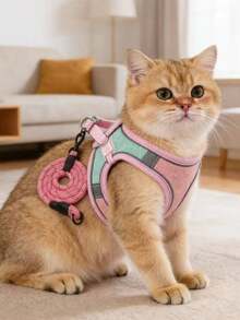 天鹅绒猫咪胸背带和1.5米牵引绳套装，可调节背心式猫咪胸带带反光条，易于控制，适合遛猫（粉色和绿色） - 粉色 - 查看 3