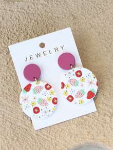 1 Pair Women's Strawberry Print Ceramic-Like Cute Fresh Round Acrylic Earrings - Multicolor - View 7