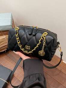 高端黑色绗缝手提包，时尚百搭手提单肩斜挎枕包，女士 - 黑色 - 查看 2