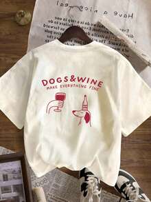 2026 Cartoon Puppy & Red Wine Graphic Print Crew Neck Short Sleeve T-Shirt. New Minimalist Women's T-Shirt With A Cute Pattern, Casual Holiday Style, Relaxed Fit, Crew Neck And Short Sleeves. - 杏色 - 查看 8