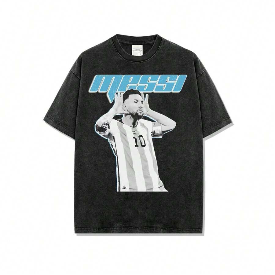 Messis Black T-Shirt Vintage Retro Football Player Graphic Tee - Black - View 1