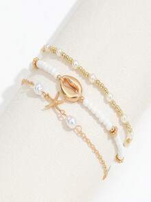 3pcs/Set Fashionable Ocean Style Shell & Starfish Beaded Elastic Anklet, Casual - Multicolor - View 2