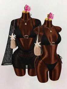 3pcs Women's Sexy Halter Bikini Set - Top, Bottom, And Cover-Up - Black - View 1