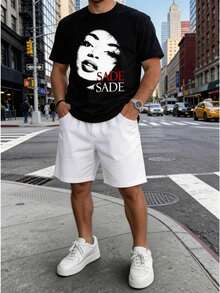 Conjunto para hombre estilo casual minimalista con estampado de letras tela cómoda ajuste holgado cuello redondo manga corta primavera verano uso diario set de playera y shorts - Negro 1 - Ver 2