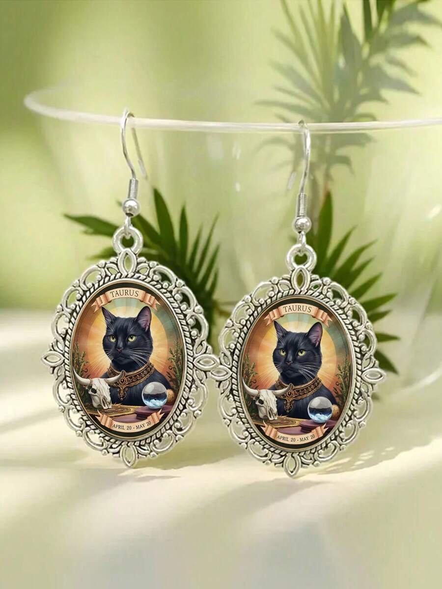 Zodiac Earrings, Dark Gothic Cat-Themed Zodiac Earrings, Birthday Party Gift - Silver - View 1