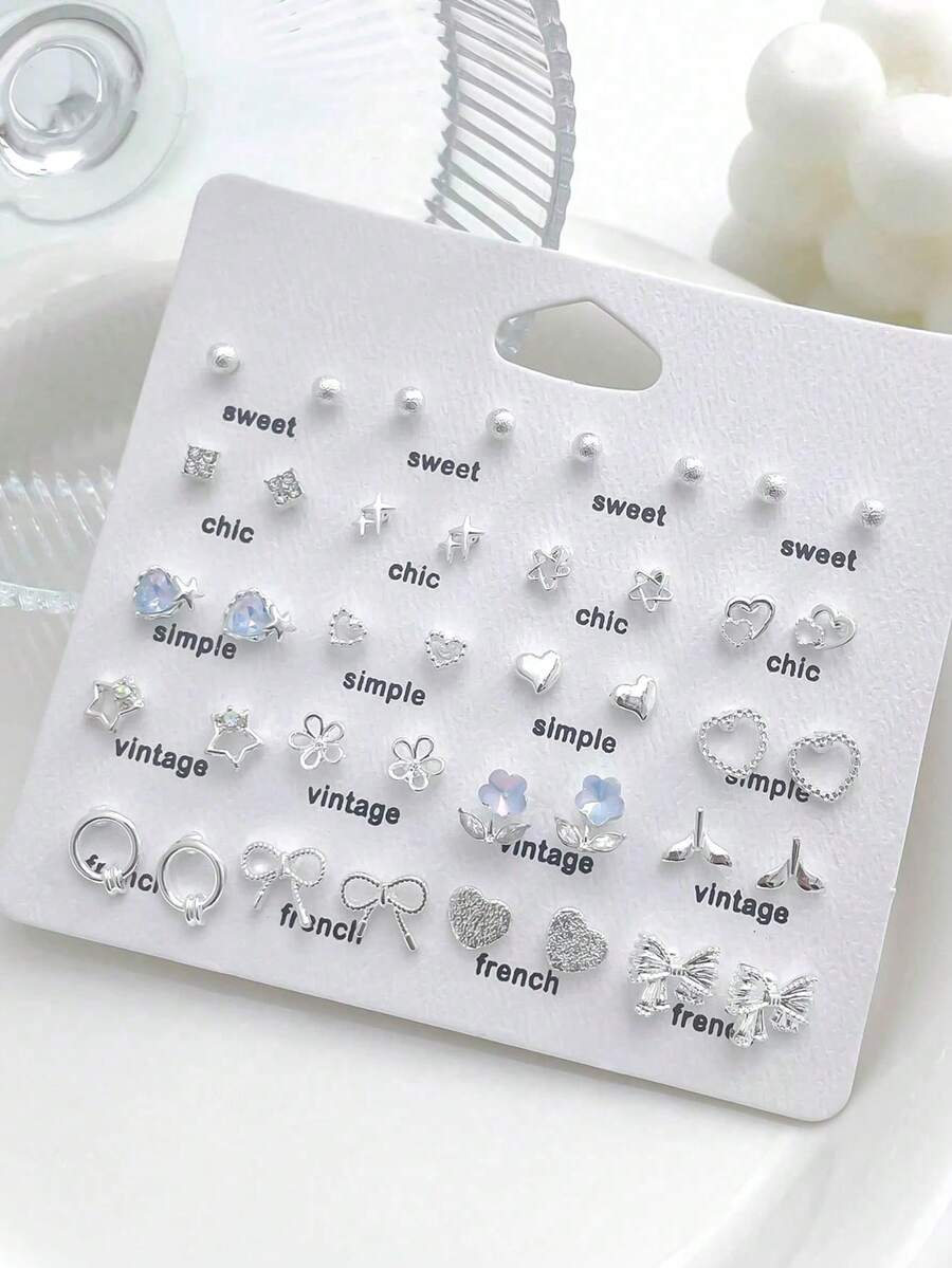40pcs Zinc Alloy Small Cute Exquisite Stud Earrings Zinc Alloy Butterfly Crown Stud Earring Set Women's Daily Versatile - Blue - View 1
