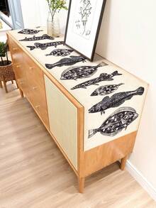 1pc Minimalist Ocean Creature Printed Linen Table Runner/Placemat, Suitable For Holidays, Parties, Birthdays, Dinners, Kitchen & Dining Table Decor, Shoe Cabinet Cover, All Season Room Decor & Home Textile - Multicolor - View 5